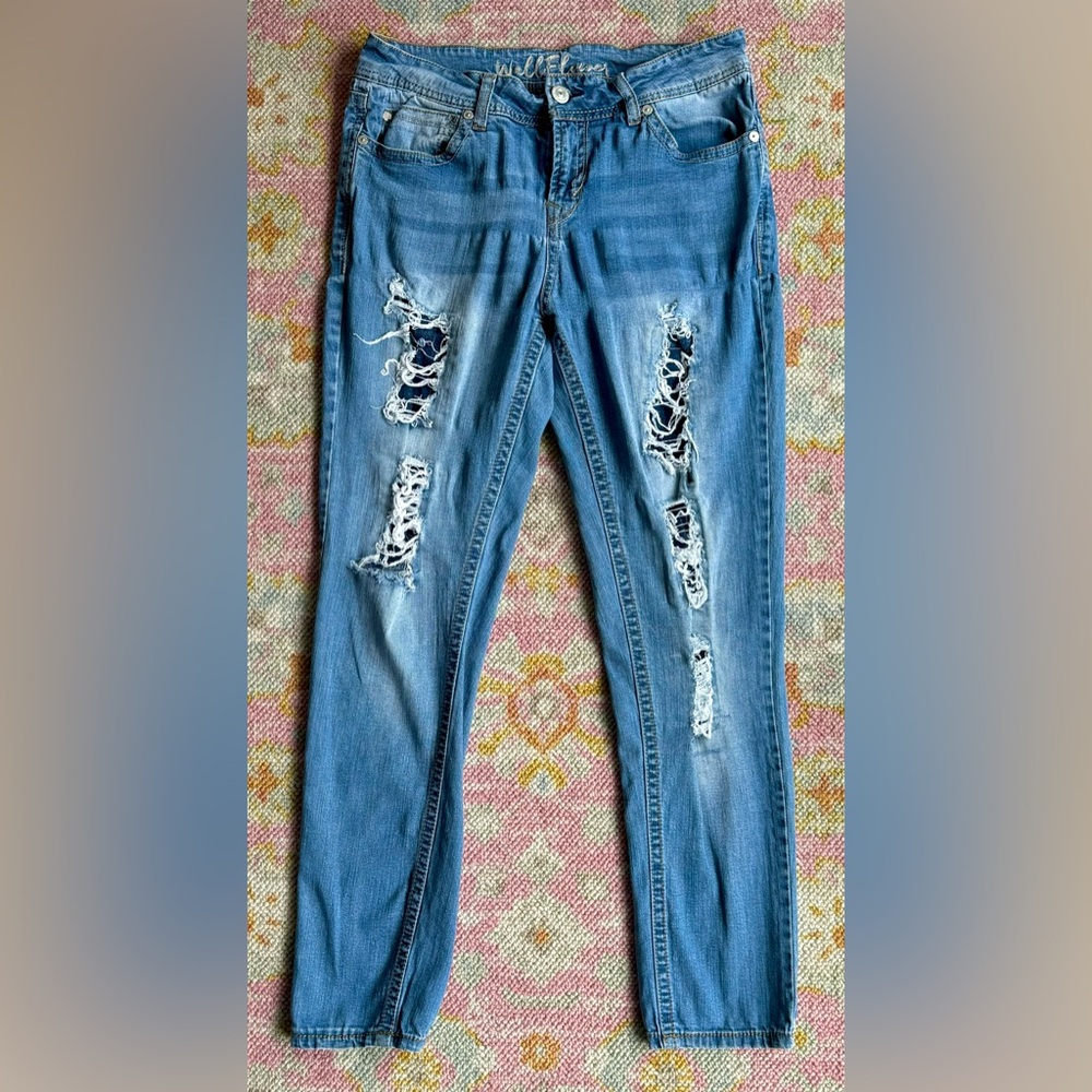 Wallflower Distressed Blue Fashion Jeans – Medium Wash Destroyed Denim